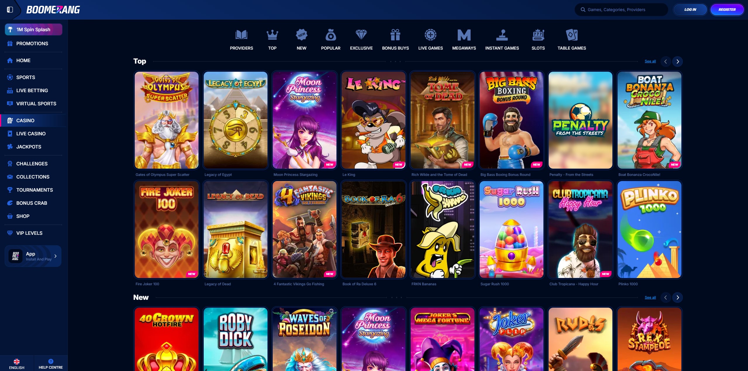 Screenshot of the Boomerang Casino slot games lobby