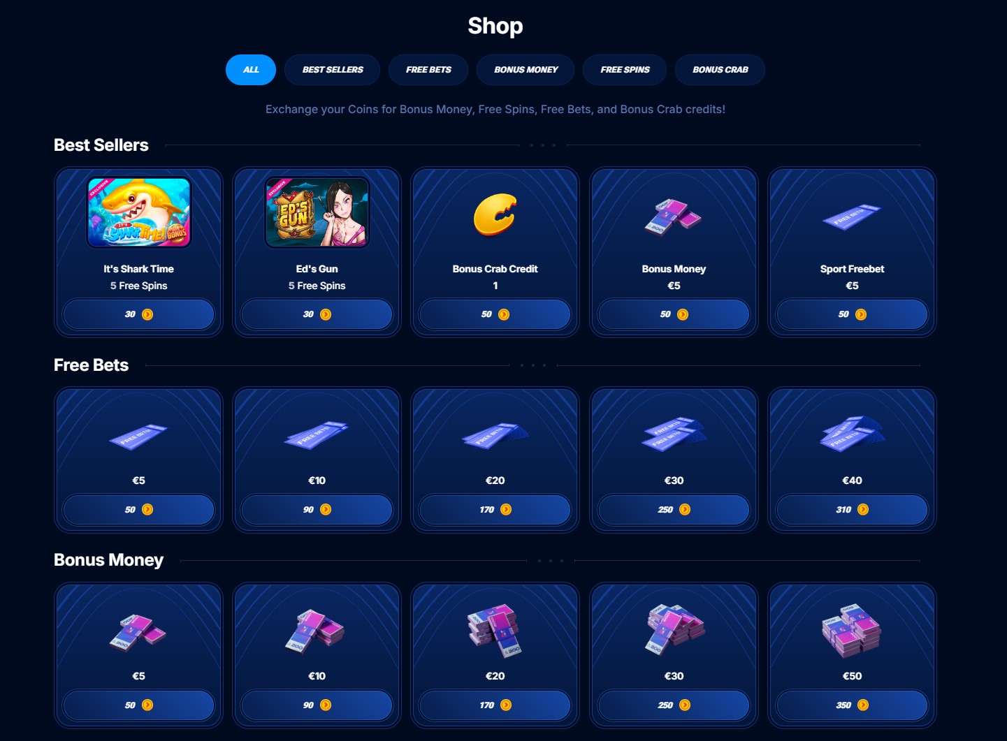 Screenshot of the Boomerang Casino bonus shop